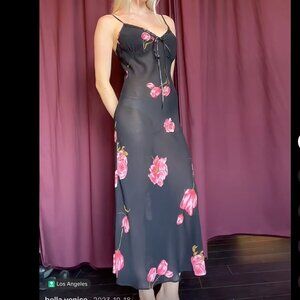 Bella Venice Michelle Dress Black Midi Floral Pink Flowers Bow Straps Small NEW